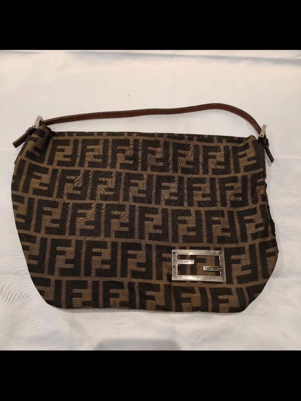 Fendi Brown FF Logo Canvas Shoulder Bag with Metal Plaque